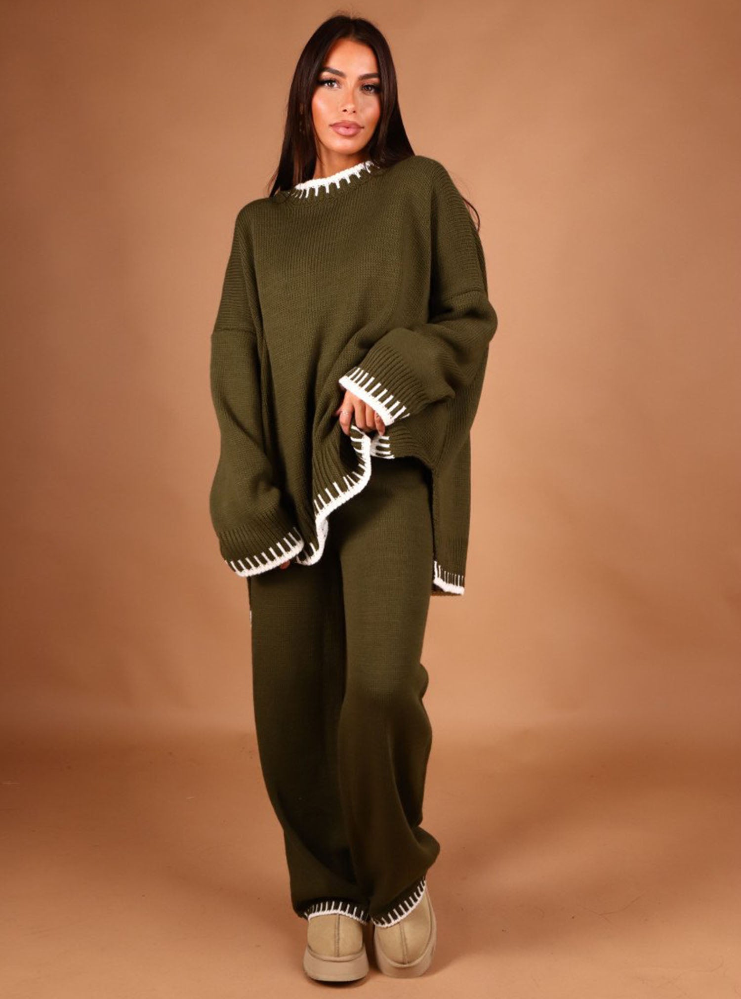 Kim Women Stitched Knitted Jumper Top Wide Leg Trousers 2 PCS Co ord Lounge Wear Set